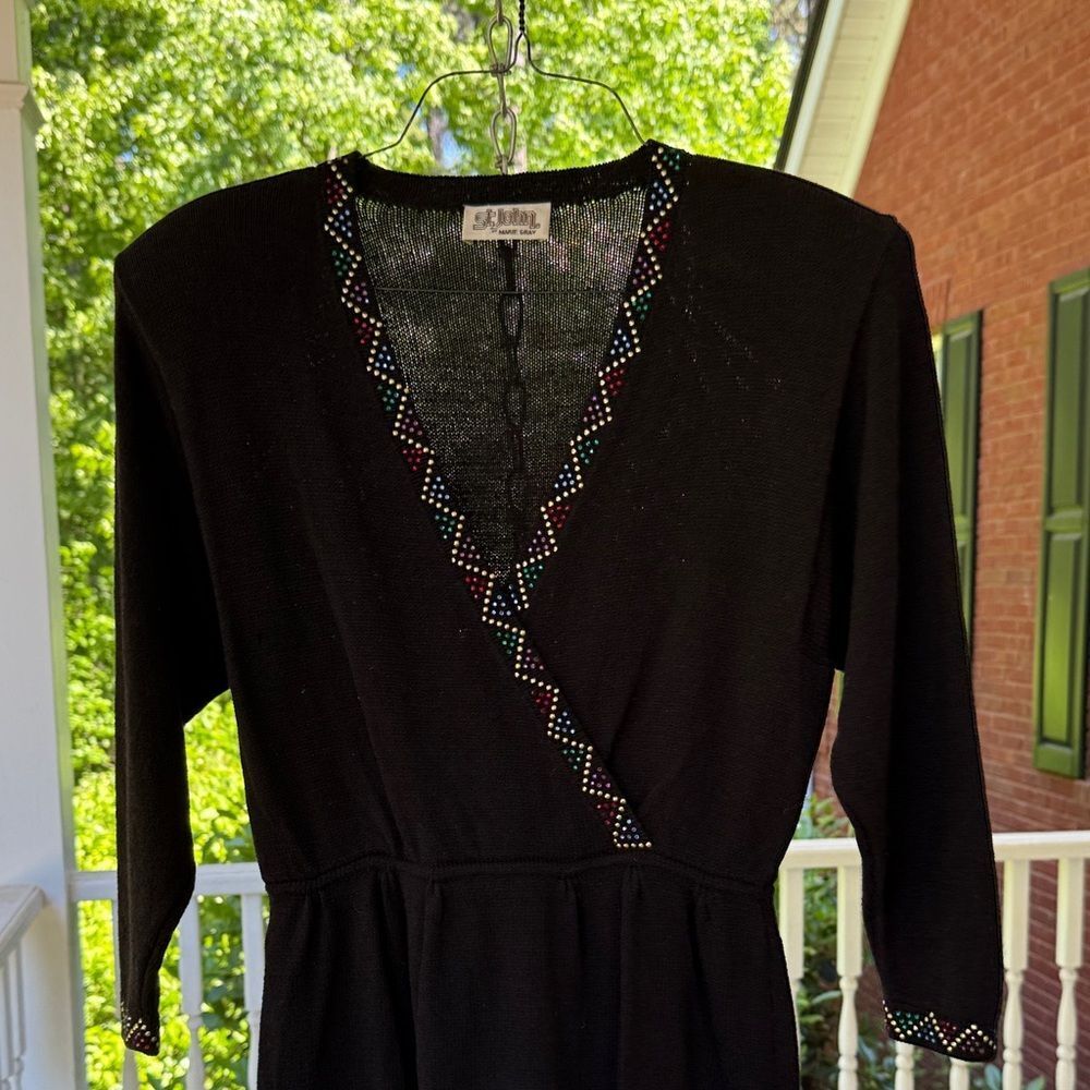 St. John’s Bay Black Embellished V-Neck Wrap Dress - 10 - Made in USA